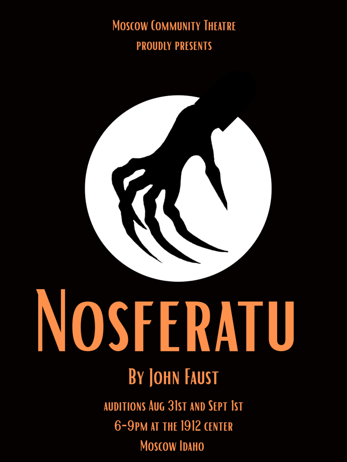 A black poster titled 'Nosferatu' with a creepy hand in front of the moon