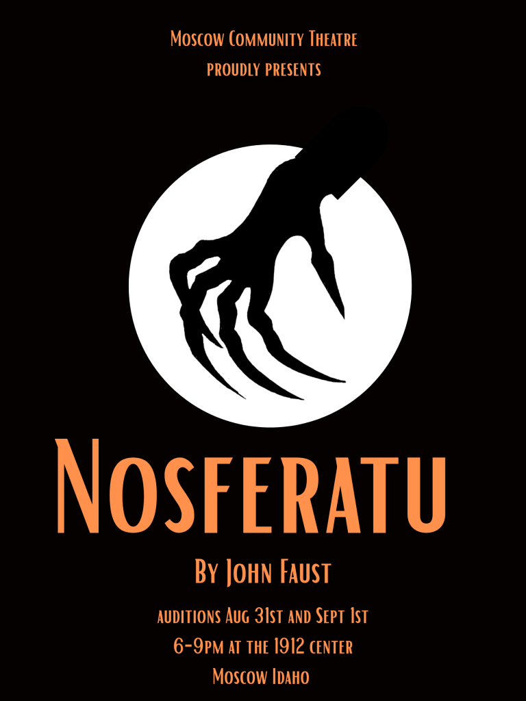 A black poster titled 'Nosferatu' with a creepy hand in front of the moon